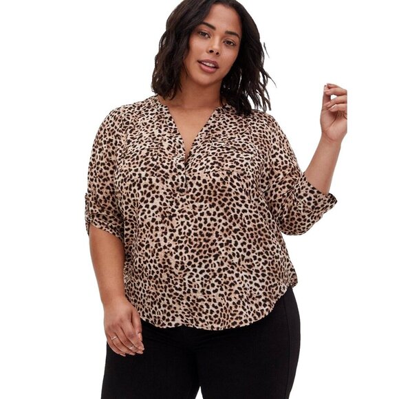 Torrid Harper Georgette Blouse Womens Plus 3X Leopard Print Roll Tab Split Neck - Picture 1 of 14